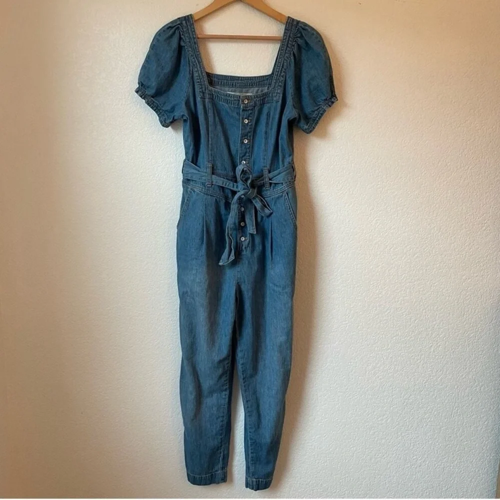 Anthro Pilcro Puff Sleeves Denim Jumpsuit women’s size 6